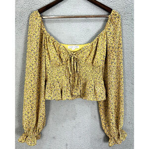 She + Sky Babydoll Top Womens Small Yellow Floral Long Sleeve‎ Fairy Boho Indie